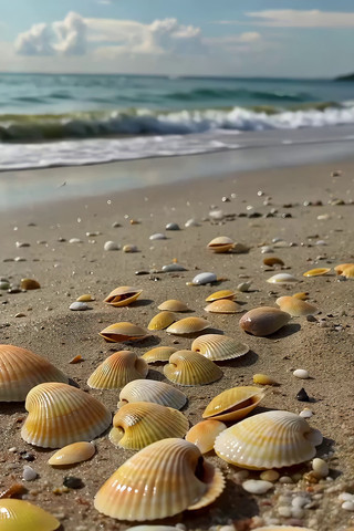 海滩贝壳与海浪近景 海滩贝壳与海浪近景