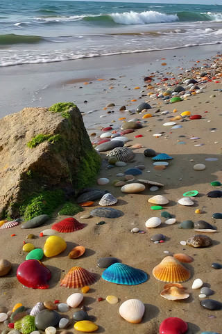 海滩彩色贝壳与鹅卵石景观 海滩彩色贝壳与鹅卵石景观