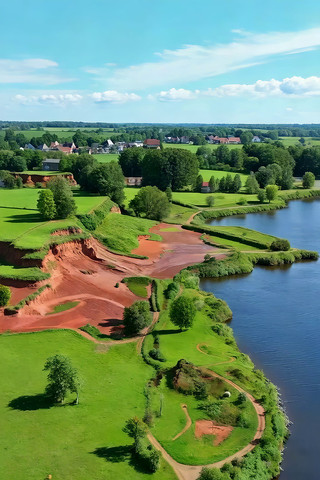 河畔乡村风光鸟瞰