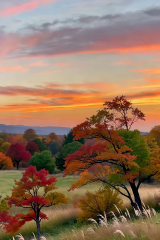 秋日田野多彩树林与晚霞风景 秋日田野多彩树林与晚霞风景