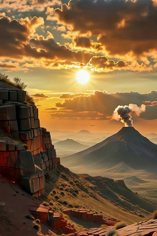 夕阳下火山与山地景观