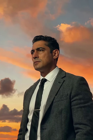 西装男士与晚霞天空画面 西装男士与晚霞天空画面