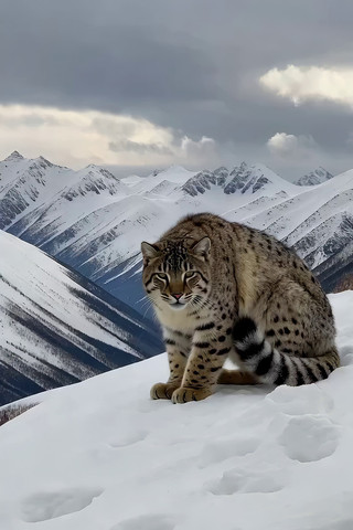 雪山上的豹猫特写 雪山上的豹猫特写