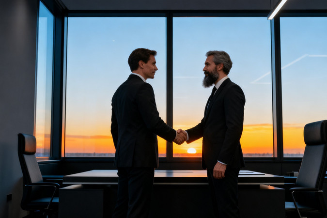 办公室中两位穿西装男士握手 办公室中两位穿西装男士握手