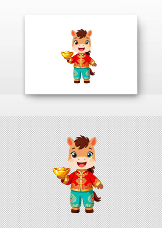 卡通小马手持金元宝身着中式红衣 卡通小马手持金元宝身着中式红衣