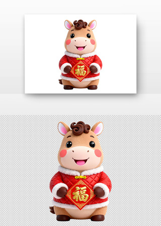 马年春节迎新拿福字卡通小马插画 马年春节迎新拿福字卡通小马插画