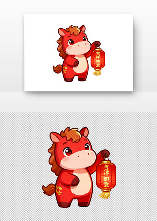 红色卡通马手持红灯笼插画元素 红色卡通马手持红灯笼插画元素