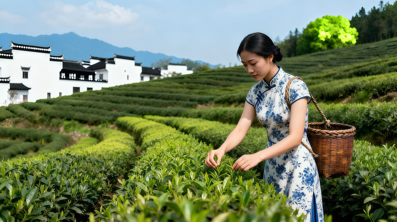 茶园里穿旗袍的采茶女 茶园里穿旗袍的采茶女