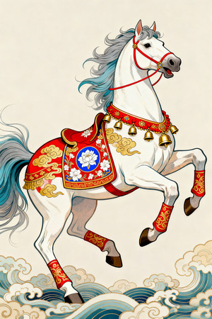 国风中式白色骏马战马马年祥云插画装饰画 国风中式白色骏马战马马年祥云插画装饰画