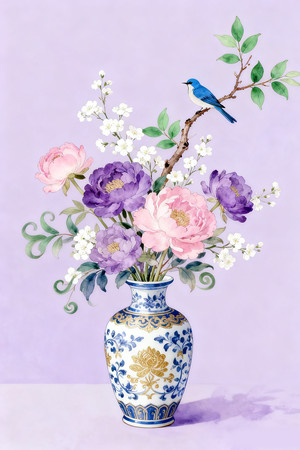 中式国风花卉花瓶紫色唯美水彩画插画元素 中式国风花卉花瓶紫色唯美水彩画插画元素