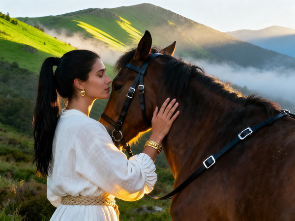 美女与骏马在山野上的留影 美女与骏马在山野上的留影