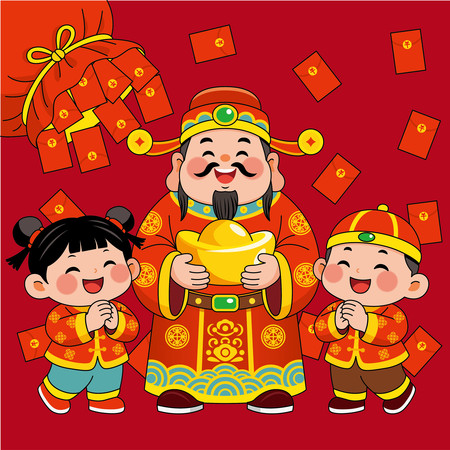 卡通新年新春节日财神金童玉女祝福拜年场景 卡通新年新春节日财神金童玉女祝福拜年场景