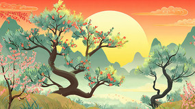 ˮ�ʹ�����ɽ��ӭ���ɷ羰�ֻ�廭