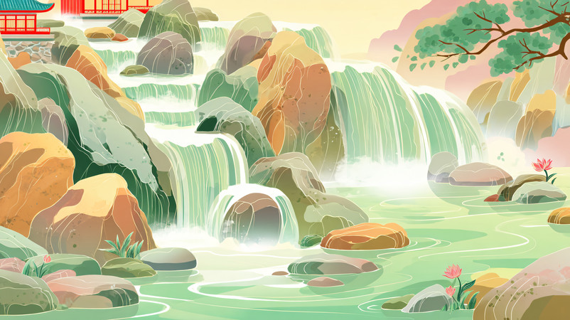 国潮风手绘溪流小瀑布风景水彩插画 国潮风手绘溪流小瀑布风景水彩插画