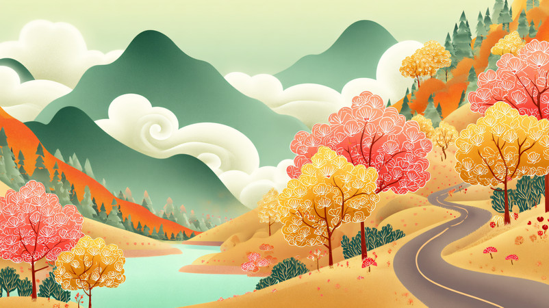 国潮风水彩山脉中溪流旁高速公路手绘插画 国潮风水彩山脉中溪流旁高速公路手绘插画