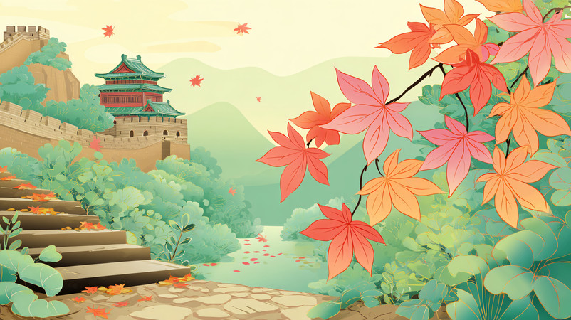 手绘国潮风山脉中长城风景水彩插画 手绘国潮风山脉中长城风景水彩插画