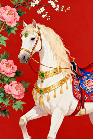 中国风新春白色骏马红色牡丹喜庆装饰画插画 中国风新春白色骏马红色牡丹喜庆装饰画插画