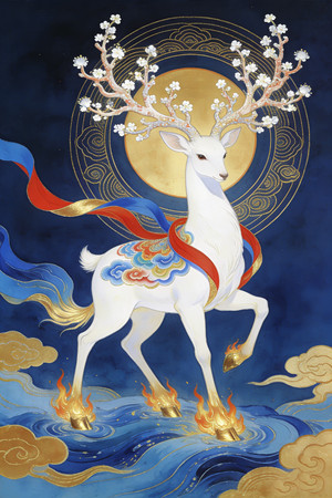 东方神鹿装饰画蓝色背景祥云插画素材元素 东方神鹿装饰画蓝色背景祥云插画素材元素