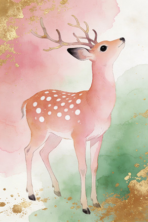 粉色可爱小鹿金箔插画元素素材背景装饰画 粉色可爱小鹿金箔插画元素素材背景装饰画