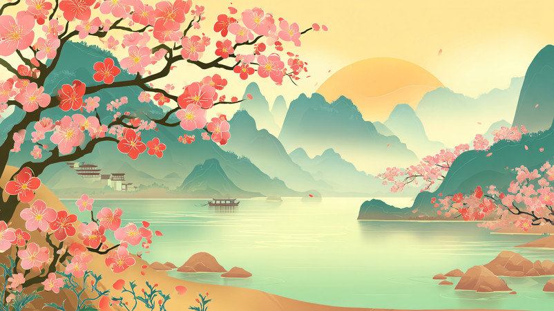 国潮风湖边红色樱花树手绘插画 国潮风湖边红色樱花树手绘插画