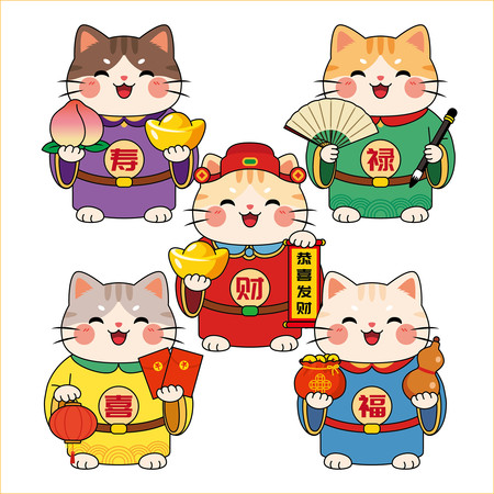 卡通五福临门福禄寿喜财中国风猫咪形象 卡通五福临门福禄寿喜财中国风猫咪形象