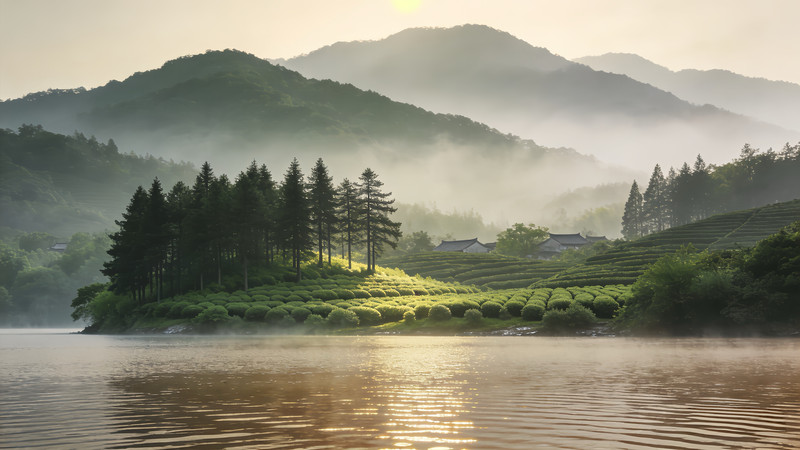 山茶园与湖泊风光 山茶园与湖泊风光