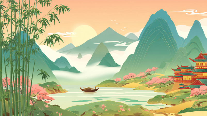 �ֻ����������ɽ���к����羰�廭