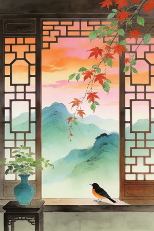 中国传统插画中式窗户古风水墨山水装饰画 中国传统插画中式窗户古风水墨山水装饰画