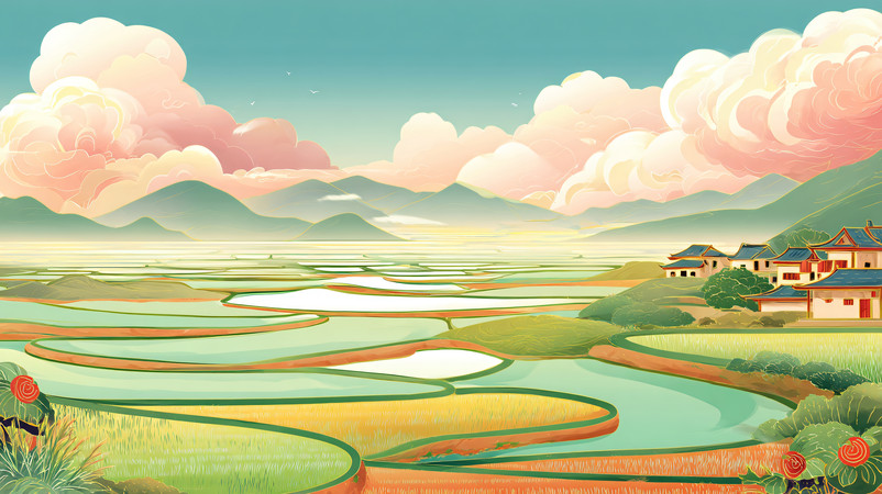 国潮风田垄田野间风景手绘插画 国潮风田垄田野间风景手绘插画