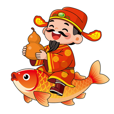 卡通风春节财神爷喜神骑鱼持葫芦插画素材 卡通风春节财神爷喜神骑鱼持葫芦插画素材