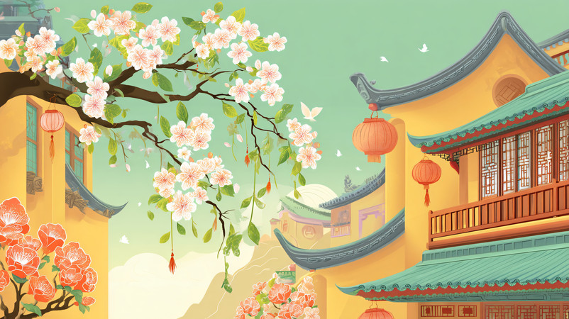 ��ɫ÷����֦�µĹŽ��������羰�ֻ�廭 JPG