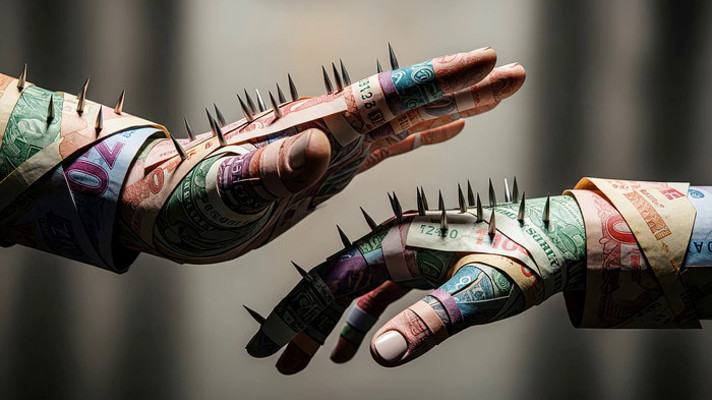 钞票缠绕的带刺手掌 钞票缠绕的带刺手掌