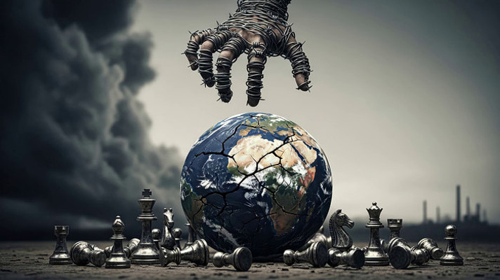 带刺铁手套触碰地球与棋子画面 带刺铁手套触碰地球与棋子画面