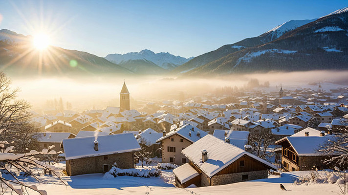 冬日清晨阳光雪景小镇 冬日清晨阳光雪景小镇