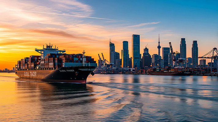 港口货轮与城市天际线景观 港口货轮与城市天际线景观