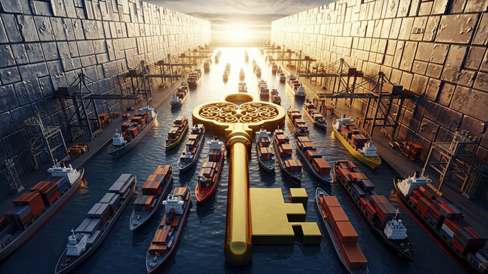 关税与贸易概念港口场景金色钥匙与货船素材 关税与贸易概念港口场景金色钥匙与货船素材