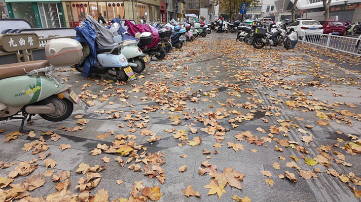 街道停放电动车与落叶景象 街道停放电动车与落叶景象