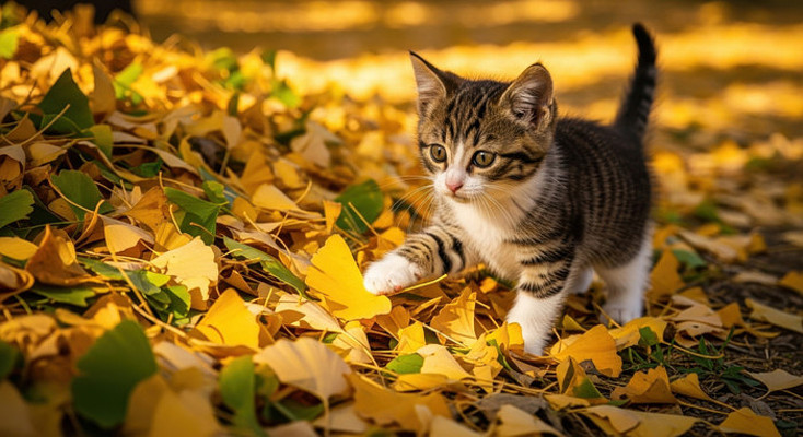金秋落叶中的小猫咪 金秋落叶中的小猫咪