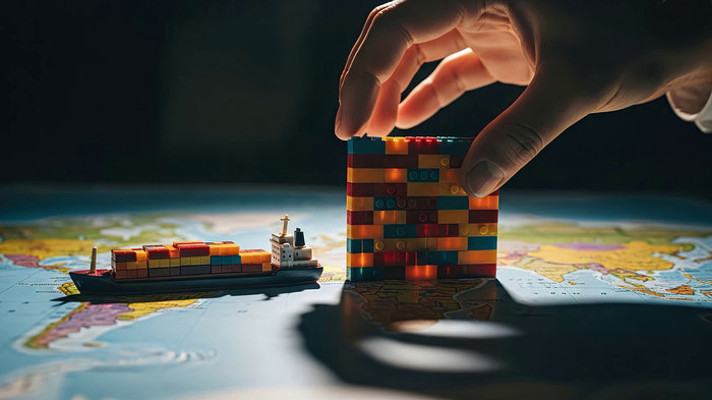 金融贸易概念世界地图旁货船与积木 金融贸易概念世界地图旁货船与积木