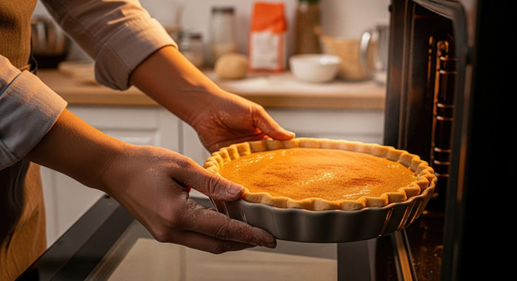 烤箱取出刚烤好的南瓜派 烤箱取出刚烤好的南瓜派