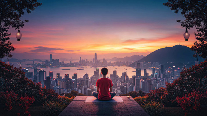 男子山顶俯瞰城市黄昏景色 男子山顶俯瞰城市黄昏景色