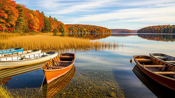 秋日湖面木船静景 秋日湖面木船静景