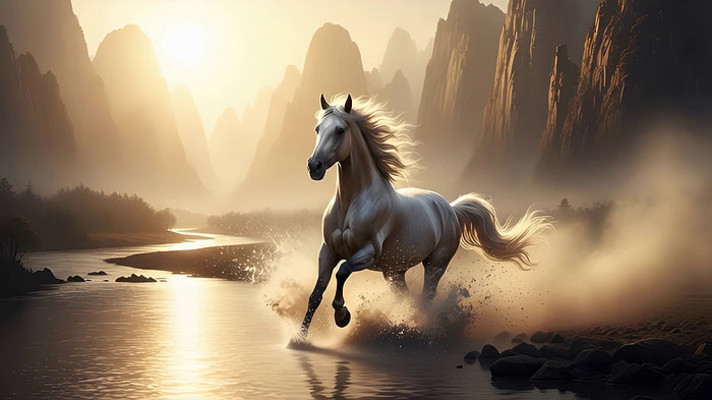 山水间奔跑的白马 山水间奔跑的白马