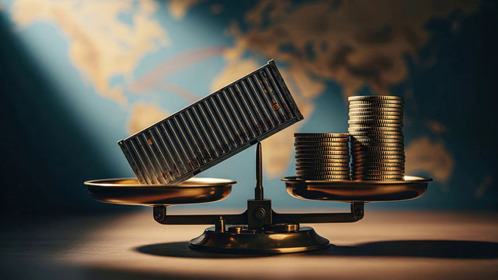 天平上集装箱与硬币对比素材 天平上集装箱与硬币对比素材