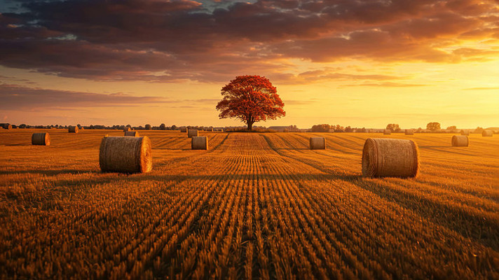 田野夕阳下的孤树与草垛 田野夕阳下的孤树与草垛