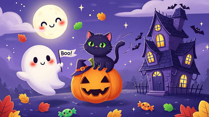 万圣节卡通幽灵黑猫南瓜场景 万圣节卡通幽灵黑猫南瓜场景