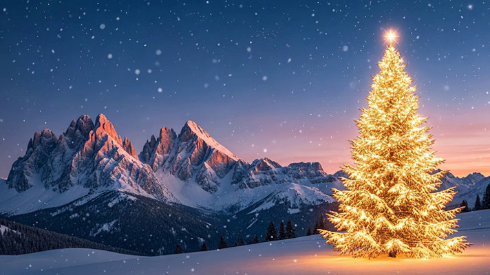 雪山旁的圣诞树夜景 雪山旁的圣诞树夜景