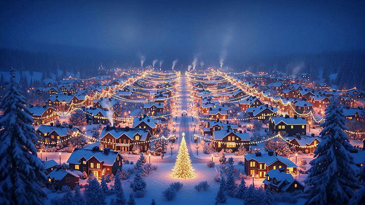 雪夜小镇圣诞灯光全景 雪夜小镇圣诞灯光全景