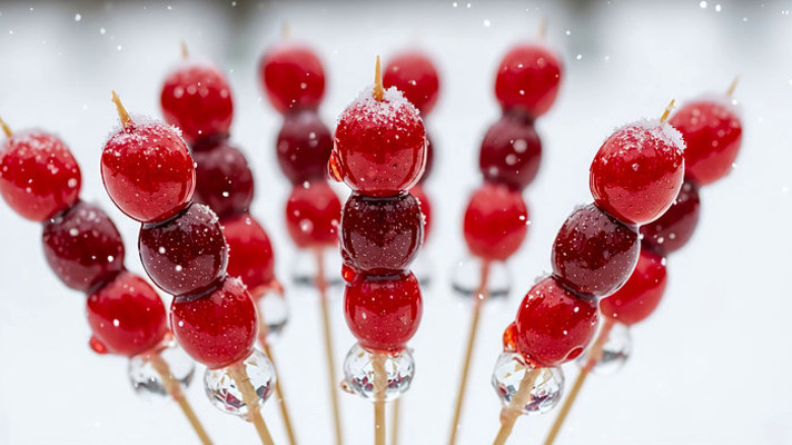 雪中冰糖葫芦特写 雪中冰糖葫芦特写