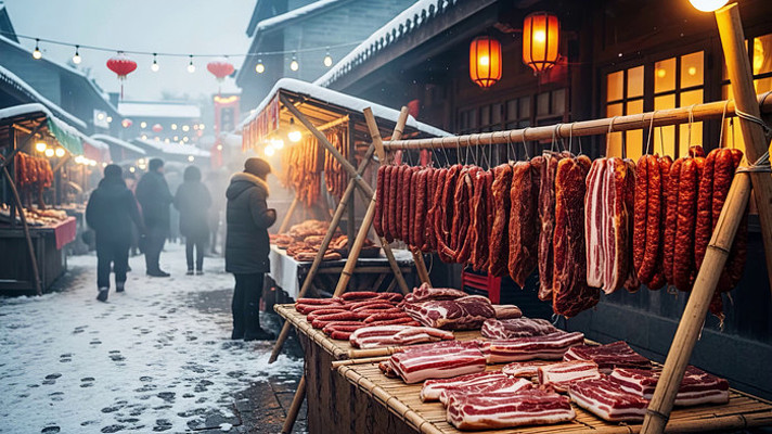 雪中年货市场腊肉摊位 雪中年货市场腊肉摊位